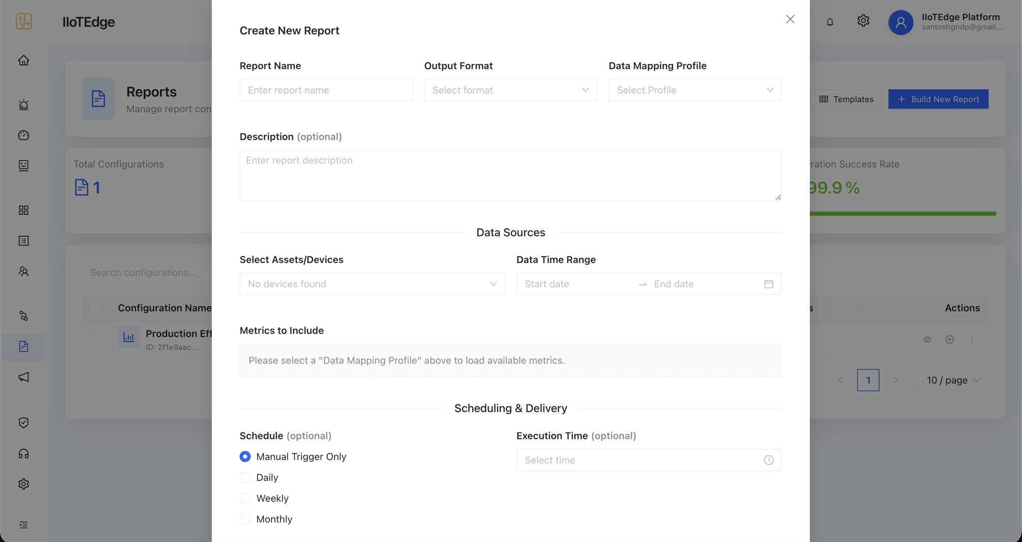 Report configuration form showing report name, output format, data mapping profile, asset selector, time range, metrics and scheduling options