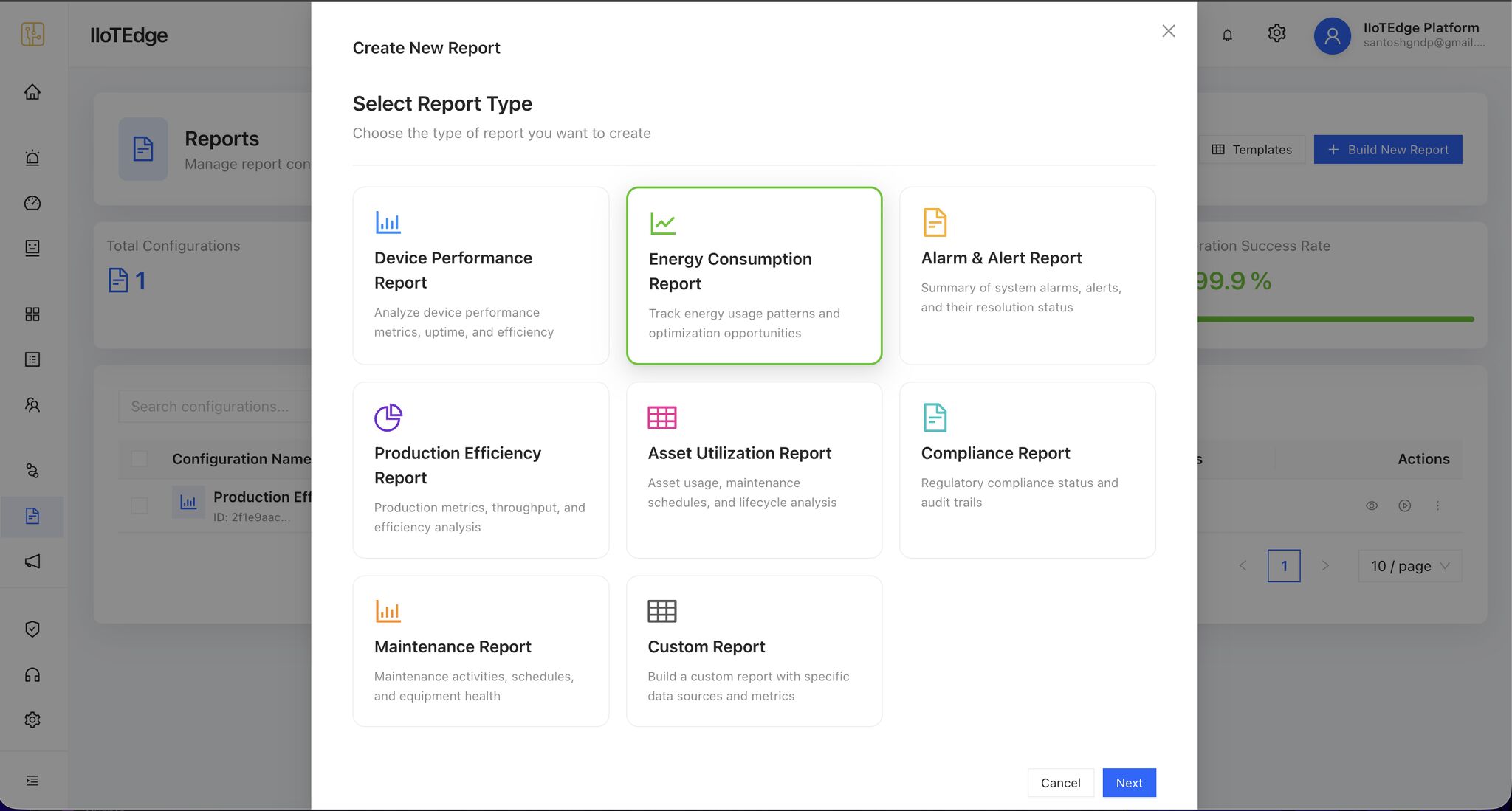 Report type selection wizard with eight pre-built report templates and a Custom Report option