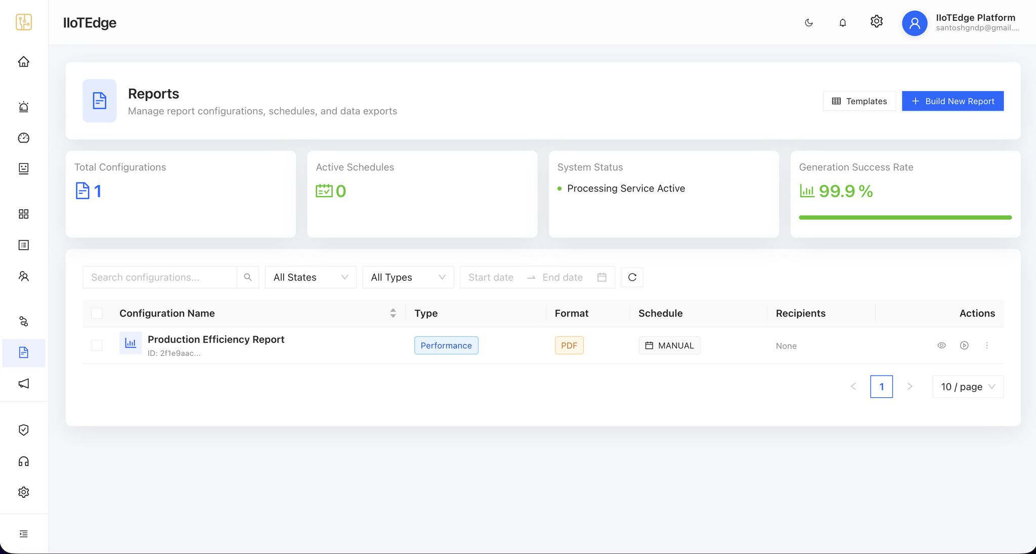 IIoTEdge Reports dashboard listing report configurations, schedules and live system status